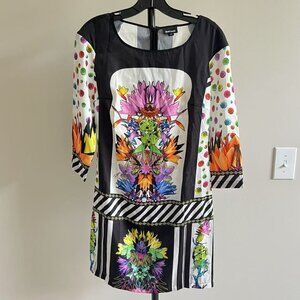 NWOT JUST CAVALLI Italy Silk Twill Floral, Spot & Stripe Tunic Dress 38 IT